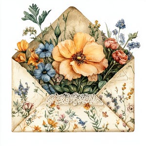 10 vintage bloemenenvelop, shabby chic, kant, afdrukbare aquarel clipart, hoogwaardige jpg's, papercraft, junk Journal, digitaal ambacht