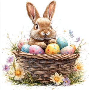 10 Easter Bunny Clipart, Easter Basket, Easter Clipart,Bunny with Easter Eggs,Printable Watercolor,High-Quality JPGs,Papercraft,Junk Journal