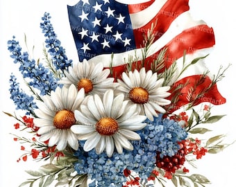Patriotic Bouquet Clipart: 4th of July Watercolor Art (Digital Download)