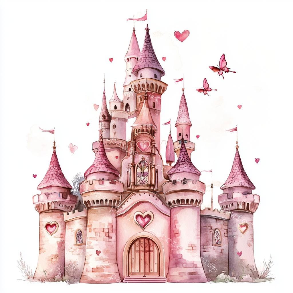 Pink Fairy Tale Castle Clipart: Watercolor Style (JPG & PNG Digital ...