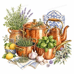May include: Watercolor illustration of copper cookware, herbs, and lemons. The image features a copper pot, a kettle, and small pots filled with herbs. Garlic, lemons, and a blue and white patterned tile are also included. A rustic, farmhouse kitchen theme.