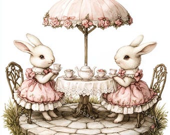 Clipart Easter Bunnies Tea Party: aquarel lente JPG's (digitale download)
