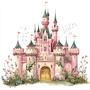 10 prinses kasteel clipart, roze kasteel, roze kasteel vintage stijl, afdrukbare aquarel, hoogwaardige jpgs en png's, papercraft, junk Journal
