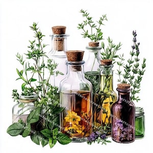 17 Garrafas e Ervas Clipart, Clipart de Ervas, Decoração de Cozinha, Clipart de Aquarela para Imprimir, JPGs de Alta Qualidade, Diário de Junções, Artesanato Digital