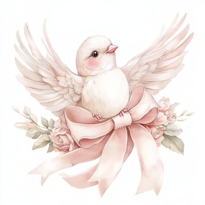 10 Bird with Pink Floral Clipart, Bird With Bow Clipart, Bird And Blossom, Printable Watercolor, High-Quality JPGs, Papercraft, Junk Journal