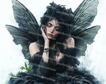 Clipart de Hada Gótica: Arte de Acuarela de Hada Negra Oscura (Descarga Digital)