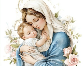 20 Virgin Mary with Baby Jesus Clipart, Nativity Christmas Cards, Printable Watercolor, High Quality JPGs, Paper Craft, Junk Journal