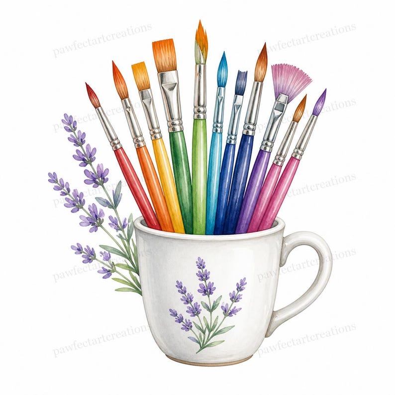 May include: Watercolor illustration of a white mug filled with colorful paintbrushes. The brushes are arranged in a rainbow of colors. Lavender sprigs and flowers are on the side of the mug. The mug has a lavender floral design.