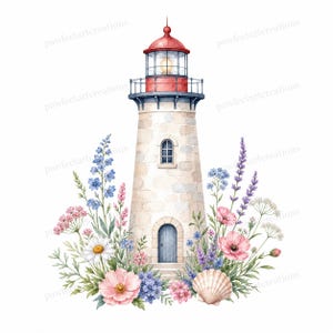 May include: Watercolor illustration of a lighthouse with a red top and a white stone tower. The lighthouse is surrounded by colorful flowers, including pink poppies, blue delphiniums, and a seashell. The image has a coastal theme.