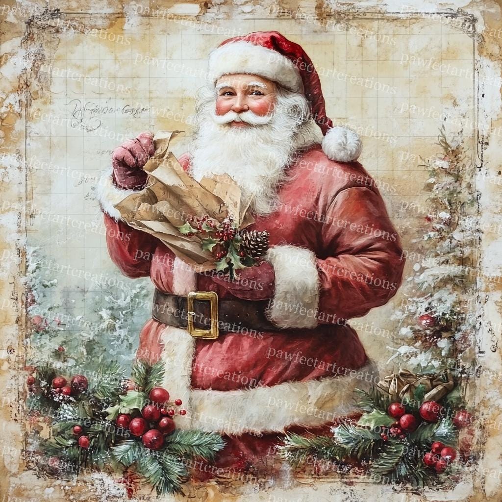 ヴィンテージサンタクロースのクリップアート：古紙のクリスマスカード