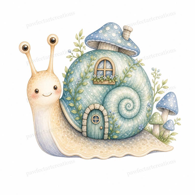 20 Cottage Mushroom Snail Clipart, Watercolor JPG Clipart Bundle, Digital Download, Commercial Use, Printable Art
