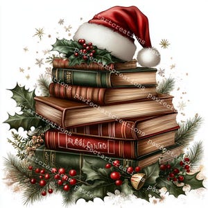Puede incluir: Una pila de libros con un gorro de Papá Noel encima, decorada con acebo y bayas. Los libros tienen cubiertas rojas, verdes y marrones. La imagen tiene un tema festivo y navideño.