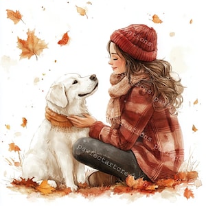 12 herfst meisje met hond clipart, hondenliefhebber cadeau, meisje met hond, herfstseizoen, afdrukbare aquarel, hoogwaardige JPG's, Papercraft, Junk Journal