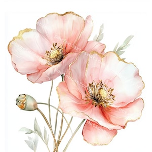 Puede incluir: Ilustración en acuarela de dos amapolas rosas con detalles dorados. Las flores tienen pétalos delicados y centros detallados. La imagen también incluye un capullo cerrado y hojas verdes suaves, todo sobre un fondo blanco.