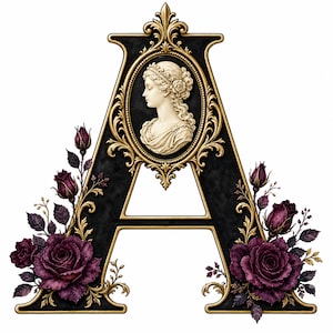 May include: A decorative letter A featuring a black surface with gold trim. The top center displays an oval cameo of a profile portrait of a person. Dark purple roses and buds with green leaves are arranged along the bottom left and right sides.