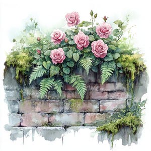 Pode incluir: Uma pintura a aquarela de uma parede de tijolo com rosas cor-de-rosa e samambaias verdes crescendo sobre ela. A parede &eacute; feita de tijolos &aacute;speros e texturizados e tem um crescimento verde musgoso em alguns lugares. As rosas est&atilde;o em plena flora&ccedil;&atilde;o e t&ecirc;m um aspecto delicado e feminino. As samambaias s&atilde;o exuberantes e verdes, adicionando um toque de natureza &agrave; cena.