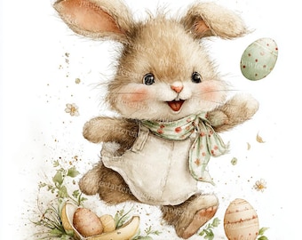 18 imágenes prediseñadas de conejos de Pascua: divertidas acuarelas JPG (descarga digital)