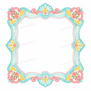 Könnte beinhalten: Aquarell-Illustration eines dekorativen Rahmens in quadratischer Form. Der Rahmen hat einen hellblauen Rand mit rosa und gelben floralen und scrollartigen Akzenten. Das Design ist symmetrisch und vor weißem Hintergrund.