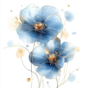 10 imágenes prediseñadas de flores abstractas, flores azules, estampado de flores, acuarela imprimible, archivos JPG de alta calidad, manualidades de papel, diario basura