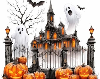15 Cute Haunted House Clipart, Halloween Mansion, Spooky House, Creepy Home,Printable Watercolor, High-Quality JPGs,Papercraft, Junk Journal