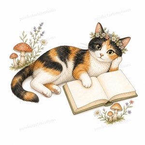 20 Cottagecore Reading Cats Clipart
