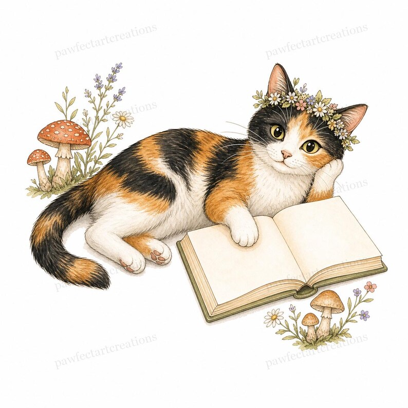 20 Cottagecore Reading Cats Clipart