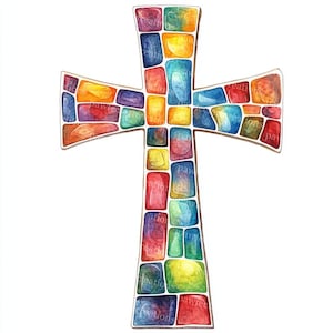 May include: A watercolor cross design with a mosaic pattern. The cross is filled with colorful, irregularly shaped blocks in shades of red, orange, yellow, blue, and green. The cross has a light brown border and the word "pawtreeations" is printed on some of the blocks.