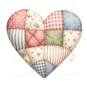May include: A heart-shaped patchwork quilt with various fabric patterns. The quilt features pink polka dots, floral prints, gingham, stripes, and solid colors in a pastel palette. The edges are stitched together with visible thread.