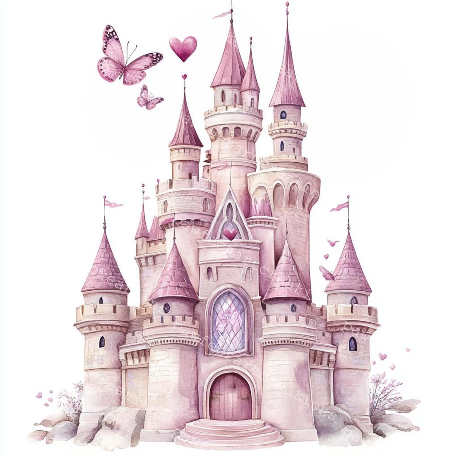 Pink Fairy Tale Castle Clipart: Watercolor Style (JPG & PNG Digital ...