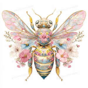 May include: A watercolour illustration of a bee, featuring pastel wings and floral embellishments. The bee's body is decorated with blue, yellow, and pink floral patterns. Pink, white, and blue flowers surround the bee.