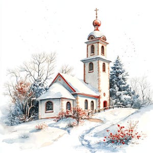 10 Christmas Church Clipart, Christmas Card, Old Chapel, Printable Watercolor, High-Quality JPGs, Papercraft, Junk Journal, Digital Craft