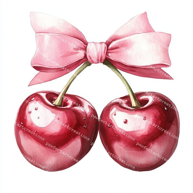 Cherry Bow Clipart: Coquette Pink Ribbon Watercolor (digital Download ...