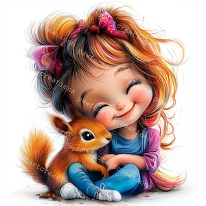12 schrullig Mädchen mit Eichhörnchen Clipart, süßes Eichhörnchen, süßes Baby Mädchen, druckbares Aquarell, hochwertige JPGs, Papiermodell, Junk Journal