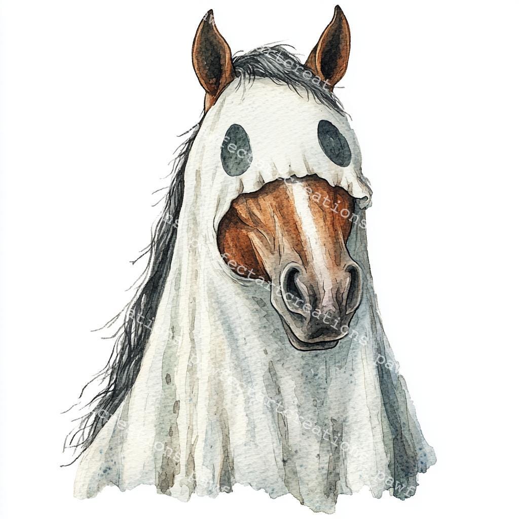 ハロウィーンの馬のクリップアート：魔女と幽霊の水彩画（デジタル