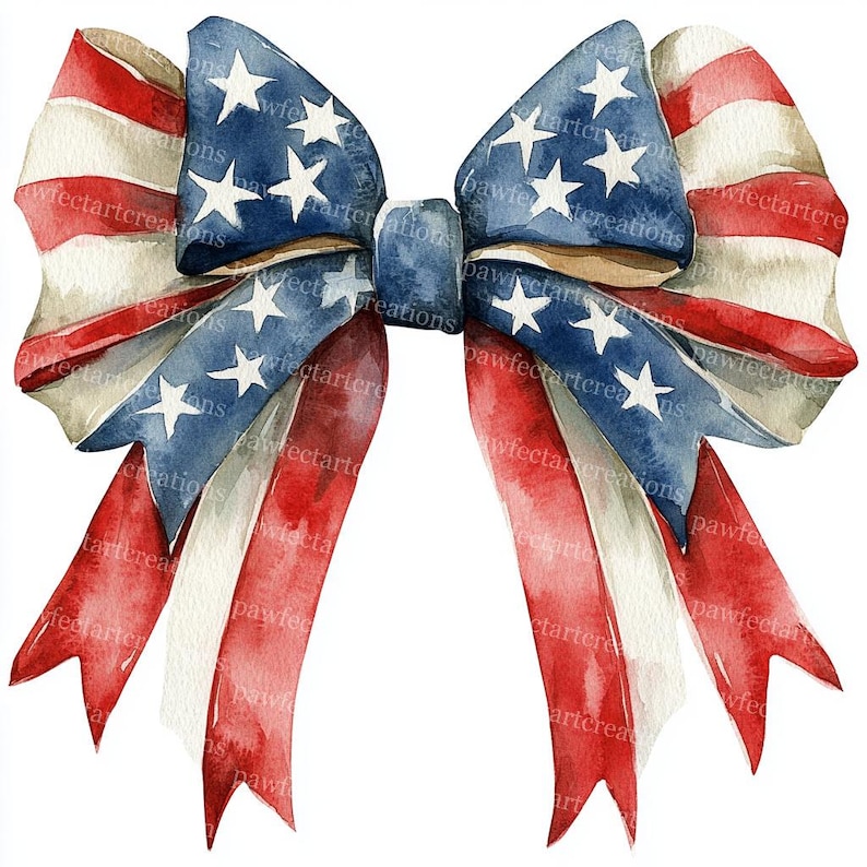 16 Patriotic Bows Clipart, USA Flag, 4th July Bow,Flag-Colored,Printable Watercolor, High-Quality JPGs,Papercraft Junk Journal,Digital Craft