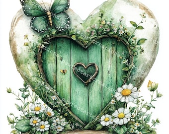 Può includere: Una porta verde a forma di cuore con un piccolo dettaglio in metallo a forma di cuore, circondata da viti verdi e margherite bianche. Una farfalla verde con segni neri è posata sulla parte superiore della porta a forma di cuore.