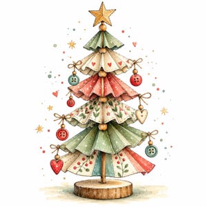 May include: A decorative Christmas tree made of layered, pleated fabric panels in shades of green, red, and cream. The tree is adorned with hanging buttons and heart-shaped ornaments, topped with a gold star, and stands on a round wooden base.
