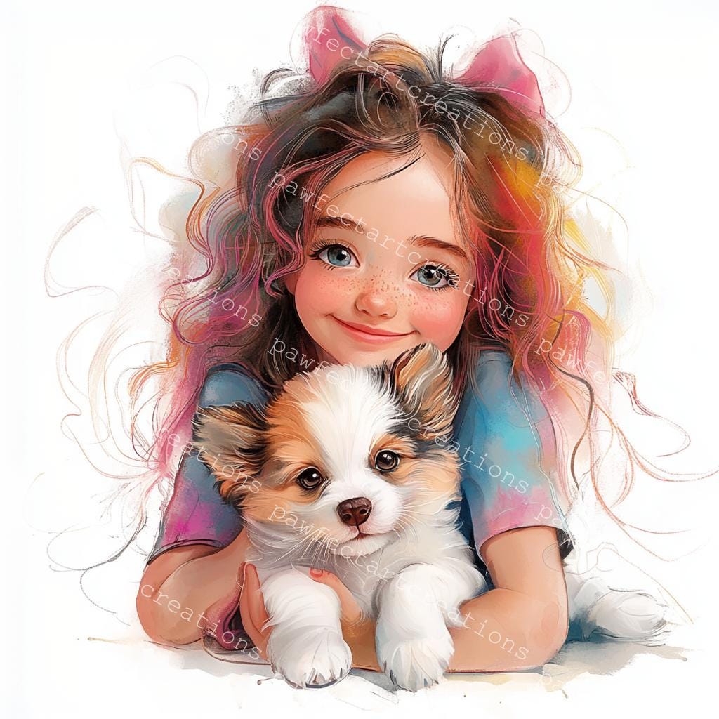 子犬と女の子のクリップアート：水彩画の犬好きアート（デジタル