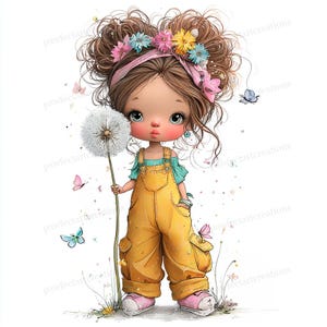 May include: A digital illustration of a young girl with brown hair and a floral headband, holding a dandelion. She wears yellow overalls, a teal top, and pink shoes. Butterflies and flowers are scattered around her.