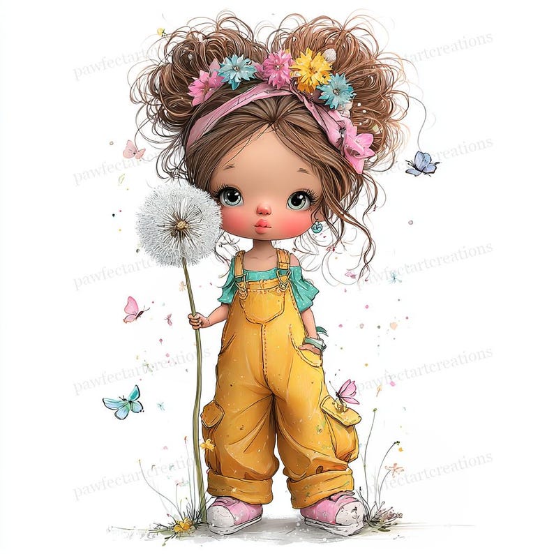 May include: A digital illustration of a young girl with brown hair and a floral headband, holding a dandelion. She wears yellow overalls, a teal top, and pink shoes. Butterflies and flowers are scattered around her.