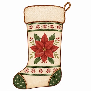 May include: A Christmas stocking featuring a cream-coloured body with a large red poinsettia flower and green leaves in the centre. The top cuff is textured white faux fur, and the design includes red snowflake patterns and a dark green toe section.