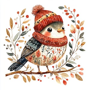 Skandinavisk vinterfågel Clipart: Folkkonst akvarell (digitalt hantverk)