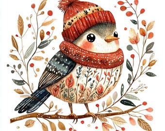 Scandinavian Winter Bird Clipart: Folk Art Watercolor (Digital Craft)