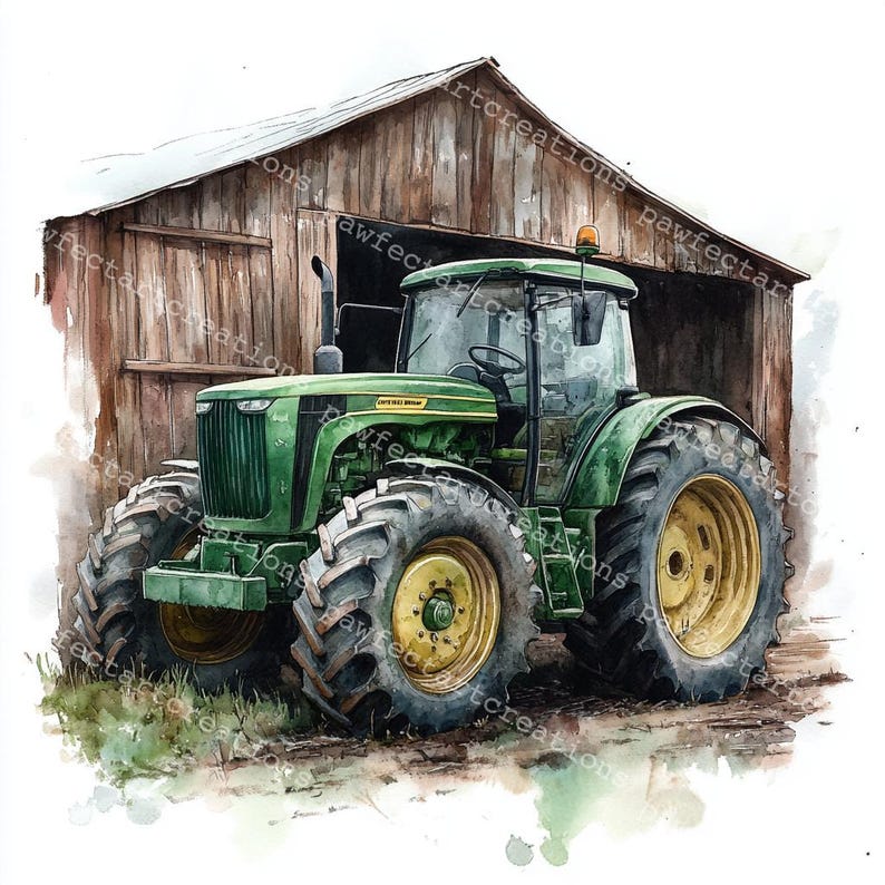 12 green Farm Tractor Clipart, Old Tractor Clipart, Printable Watercolor, High-Quality JPGs, Papercraft, Junk Journal, Digital Craft