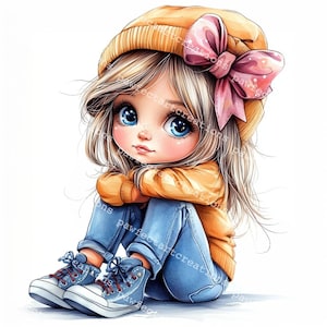 18 eigenzinnige schattig klein meisje clipart, grillige illustratie, afdrukbare aquarel, hoogwaardige JPG's, Papercraft, Junk Journal, Digital Craft