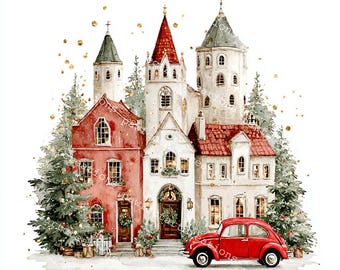 May include: Watercolor illustration of a festive village scene with buildings in red and white, topped with red roofs and adorned with Christmas trees. A red vintage car is parked in front. Gold glitter accents the image.