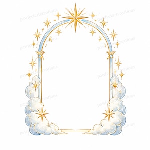 May include: A decorative arch frame featuring a gold star at the top center, surrounded by smaller gold stars and light blue clouds at the base. The structure is outlined in gold lines, creating a celestial-themed border for display purposes.