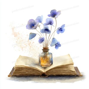 May include: Watercolor illustration of a vintage book with aged pages, open to display a small glass bottle with a cork stopper. The bottle holds a yellow liquid and a bouquet of blue flowers. The artwork has a soft, dreamy aesthetic.