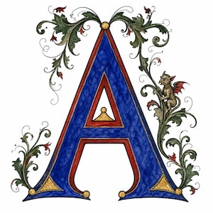 May include: A decorative capital letter A featuring a deep blue fill with a red border and gold accents. The letter is surrounded by intricate green leafy scrollwork and a small winged creature with red wings perched on the right side.