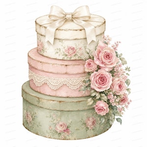 Può includere: Una pila di tre scatole regalo rotonde color crema, rosa tenue e verde salvia. La scatola superiore presenta un fiocco color crema. La scatola centrale è decorata con un bordo in pizzo bianco. Un grappolo di rose rosa decora il lato.